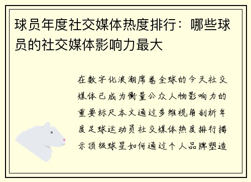球员年度社交媒体热度排行：哪些球员的社交媒体影响力最大